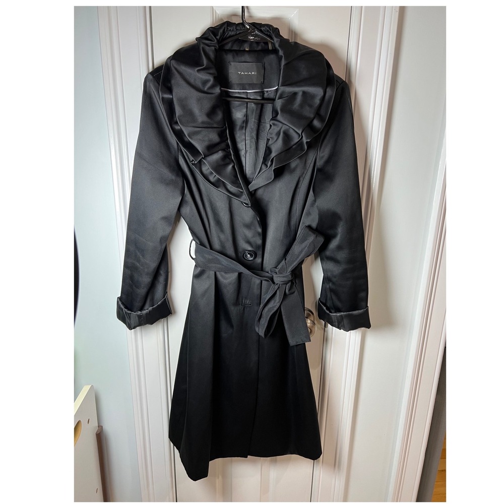 Tahari Womens Black Satin Ruffle Portrait Collar Belted Trench Coat Size M